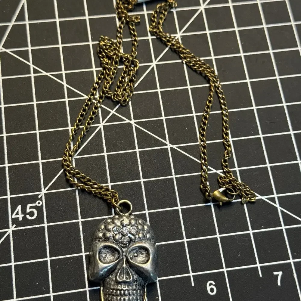 Silver Tone Skull Pendant Necklace Rhinestone Accent Gold Chain Goth Emo Punk